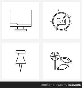 Line Icon Set of 4 Modern Symbols of screen, pinned, camera, photo, candies Vector Illustration
