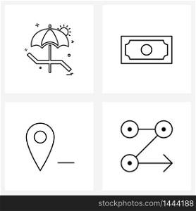 Line Icon Set of 4 Modern Symbols of umbrella, map, beach, currency, less Vector Illustration