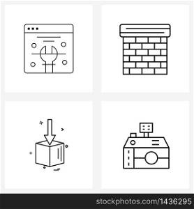 Line Icon Set of 4 Modern Symbols of web, cube, spanner, fire, downloading Vector Illustration