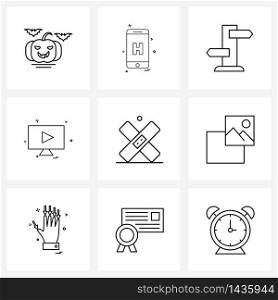 Line Icon Set of 9 Modern Symbols of band aid, directional, monitor, video Vector Illustration