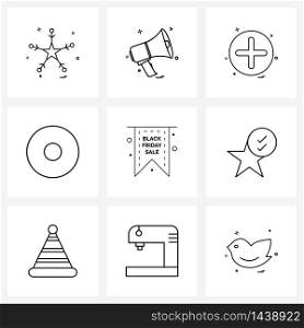 Line Icon Set of 9 Modern Symbols of black, media, add, disk, cd Vector Illustration