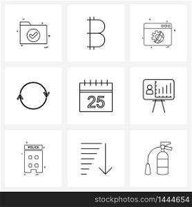 Line Icon Set of 9 Modern Symbols of Christmas calendar, arrow, money, circle, setting Vector Illustration