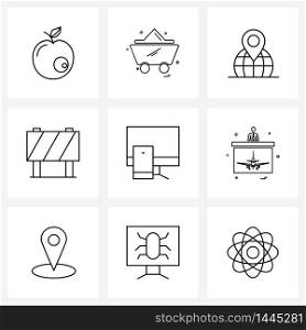 Line Icon Set of 9 Modern Symbols of cpu, computer, gps, essentials, barrier Vector Illustration