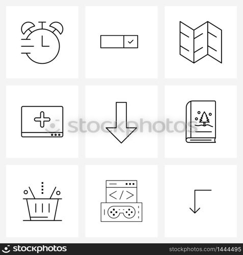 Line Icon Set of 9 Modern Symbols of download, arrow, basic, hospital, internet Vector Illustration