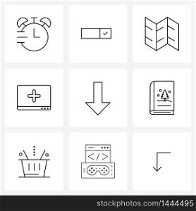 Line Icon Set of 9 Modern Symbols of download, arrow, basic, hospital, internet Vector Illustration