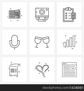 Line Icon Set of 9 Modern Symbols of drinks, cheers, clipboard, sound, mic Vector Illustration