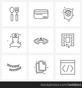 Line Icon Set of 9 Modern Symbols of dumbbell, personnel, shield, nurse, police Vector Illustration