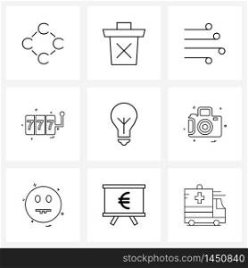 Line Icon Set of 9 Modern Symbols of education, bulb, climate, jackpot, board games Vector Illustration