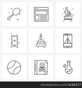 Line Icon Set of 9 Modern Symbols of error, celebrations, travelling, cake, mobile Vector Illustration