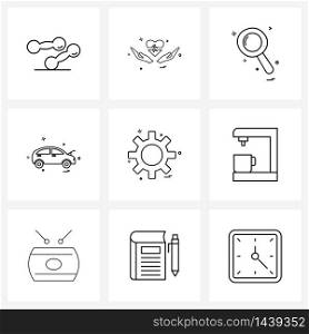 Line Icon Set of 9 Modern Symbols of gear, car garage, search, workshop, car Vector Illustration