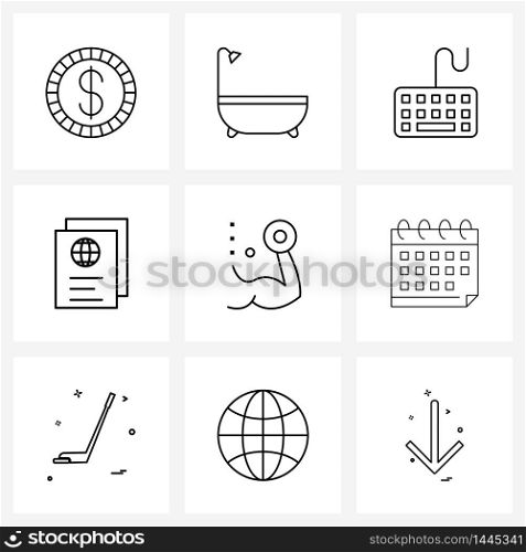 Line Icon Set of 9 Modern Symbols of gym, pass board, computer, pass, hotel Vector Illustration