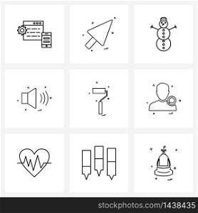 Line Icon Set of 9 Modern Symbols of labour, vole, snowman, vole up, sound Vector Illustration