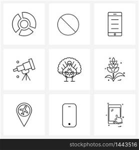 Line Icon Set of 9 Modern Symbols of leafs, pet, phone, chicken, optical telescope Vector Illustration