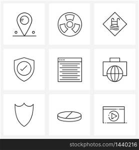Line Icon Set of 9 Modern Symbols of listing, shield, pool, secure, tick Vector Illustration