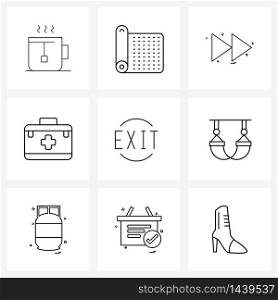 Line Icon Set of 9 Modern Symbols of out, exit, arrow, doctor, first aid box Vector Illustration