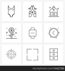 Line Icon Set of 9 Modern Symbols of smart watch, profit, price, pay, dollar Vector Illustration