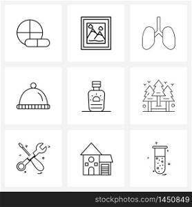 Line Icon Set of 9 Modern Symbols of sunblock, food, anatomy, dish, pulmonology Vector Illustration