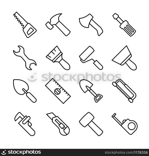 Line icon set of carpentry tools. Contain 16 usual equipment and measurement symbol, isolated at white background. Vector editable stroke.