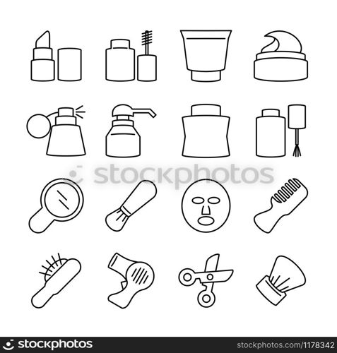 Line icon set of cosmetics or beauty treatment. Contain basic cosmetic product and equipment. Editable stroke, isolated line vector.