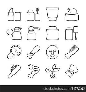 Line icon set of cosmetics or beauty treatment. Contain basic cosmetic product and equipment. Editable stroke, isolated line vector.