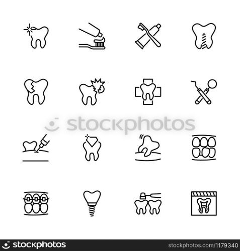 Line icon set of dental activity. Contain tooth problem and sickness, dental method and care. Editable stroke vector, isolated at white background