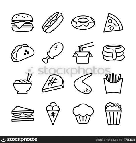 Line icon set of fast food. Contain list of popular fast food. Editable stroke. Vector file isolated at white.