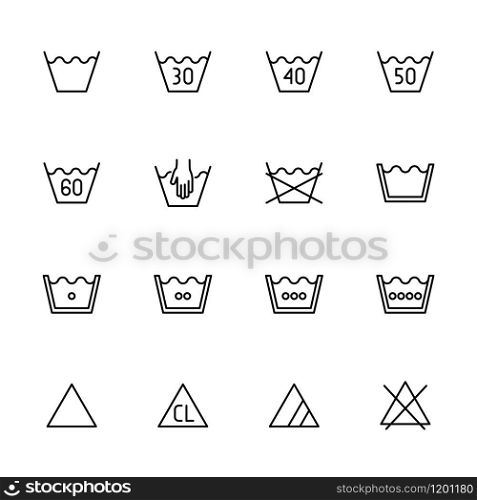 Line icon set of laundry label symbol, care symbol or treatment instruction for washing and bleaching. Editable stroke vector, isolated at white background