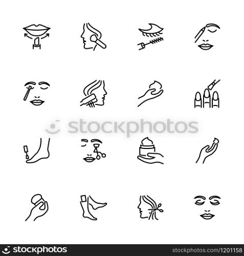 Line icon set of make up activity and body care. Editable stroke vector, isolated at white background