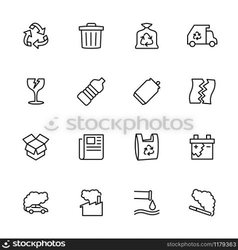 Line icon set of recycle, rubbish and pollution. Editable stroke vector, isolated at white background