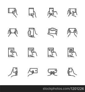 Line icon set of smart phone touchscreen instruction. Hand gesture while holding smart phone. Finger touching phone screen. Editable stroke vector EPS 10. Isolated at white background. Pixel Perfect