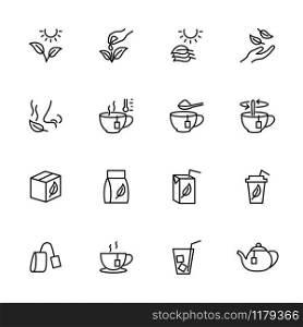 Line icon set of tea processing and serving, also contain tea product and packaging. Editable stroke vector, isolated at white background