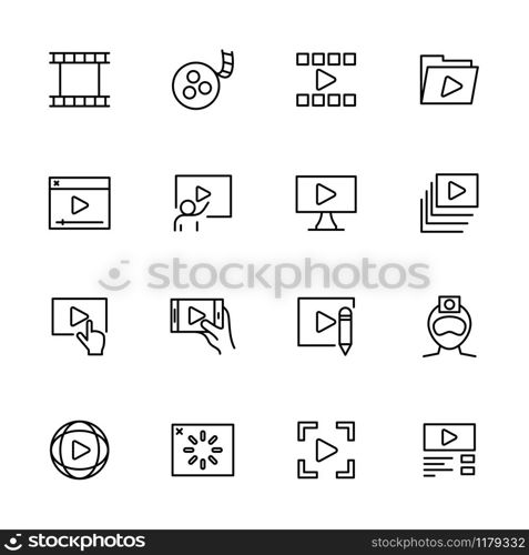 Line icon set of video production or publishing activity and symbol illustration. Isolated vector at white background and editable stroke