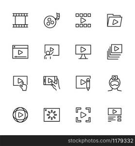 Line icon set of video production or publishing activity and symbol illustration. Isolated vector at white background and editable stroke