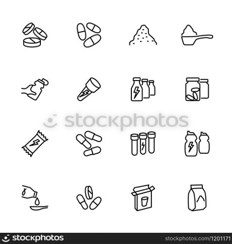 Line icon set related of food supplement, nutrition, protein and vitamin. Editable stroke vector, isolated at white background.