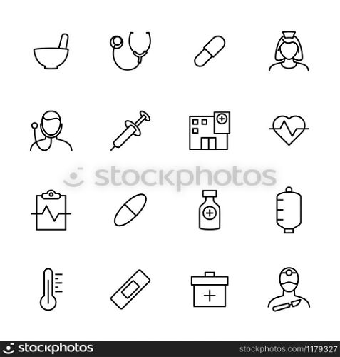 Line icon set related of Medical activity equipment and medical professional person such as doctor, nurse and surgeon. Editable Stroke. Vector isolated at white background