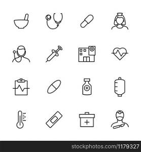 Line icon set related of Medical activity equipment and medical professional person such as doctor, nurse and surgeon. Editable Stroke. Vector isolated at white background