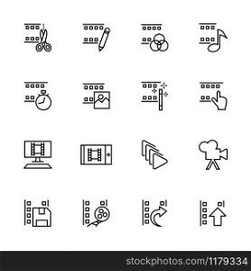 Line icon set related of video editing activity using computer or smartphone application. Editable stroke and isolated at white background vector