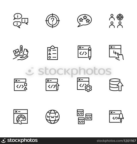 Line icon set related of web developing activity. Editable stroke vector, isolated at white background