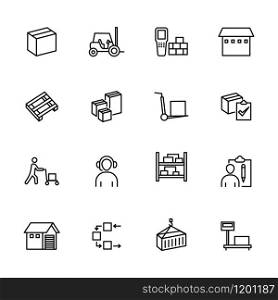 Line icon set related to activity at the wholesale. Contain such as worker, wholesale, stock moving goods and other