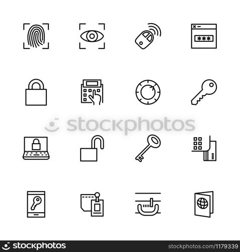 Line icon set related to authorization, password, key, lock and access symbol. Editable stroke vector, isolated at white background