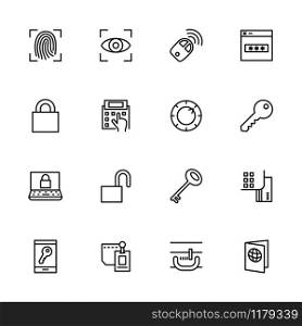 Line icon set related to authorization, password, key, lock and access symbol. Editable stroke vector, isolated at white background