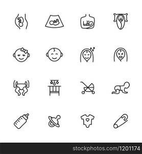 Line icon set related to baby care activity. Editable stroke vector, isolated at white background