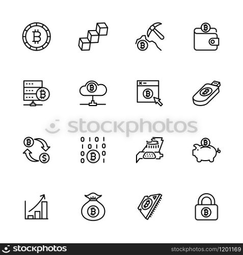 Line icon set related to bitcoin mining activity. Editable stroke vector, isolated at white background