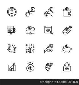 Line icon set related to bitcoin mining activity. Editable stroke vector, isolated at white background