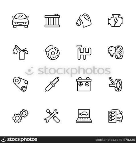 Line icon set related to car repairing and maintenance service. Contain symbol and activity of automotive business service. Editable stroke and isolated at white background vector