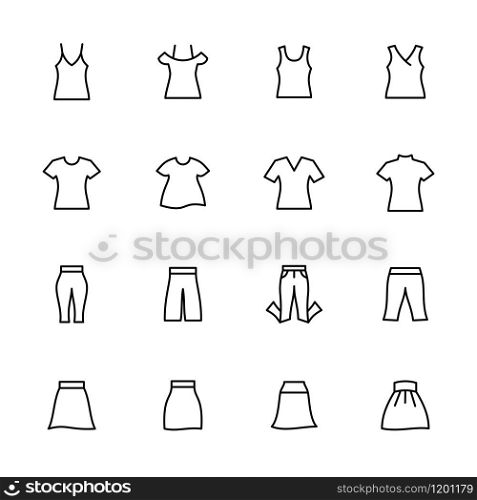 Line icon set related to casual women clothes.Usable for e-commerce online store website. Editable stroke vector, isolated at white background