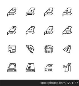 Line icon set related to computer hardware built in and expansion or external. Editable stroke vector, isolated at white background.