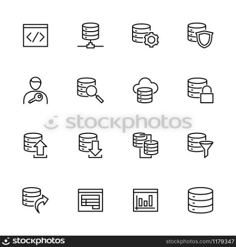 Line icon set related to database built, management and report system. Editable stroke vector, isolated at white background