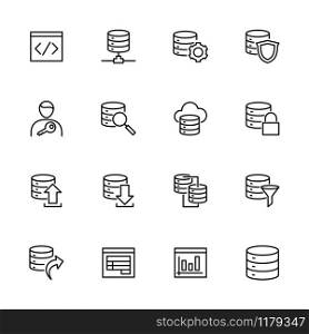 Line icon set related to database built, management and report system. Editable stroke vector, isolated at white background