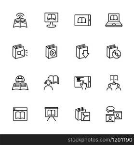 Line icon set related to digital learning, e-learning or remote study. Editable stroke vector, isolated at white background